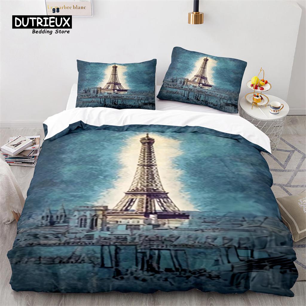 Eiffel Tower Duvet Cover Microfiber Paris Cityscape In The Clouds Bedding Set King Size For Kids Adults Romantic Comforter Cover
