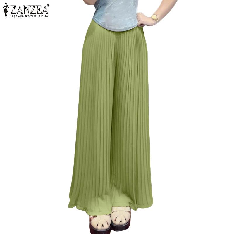 ZANZEA Womens Casual Solid Color Loose Wide Leg Pleated Pants