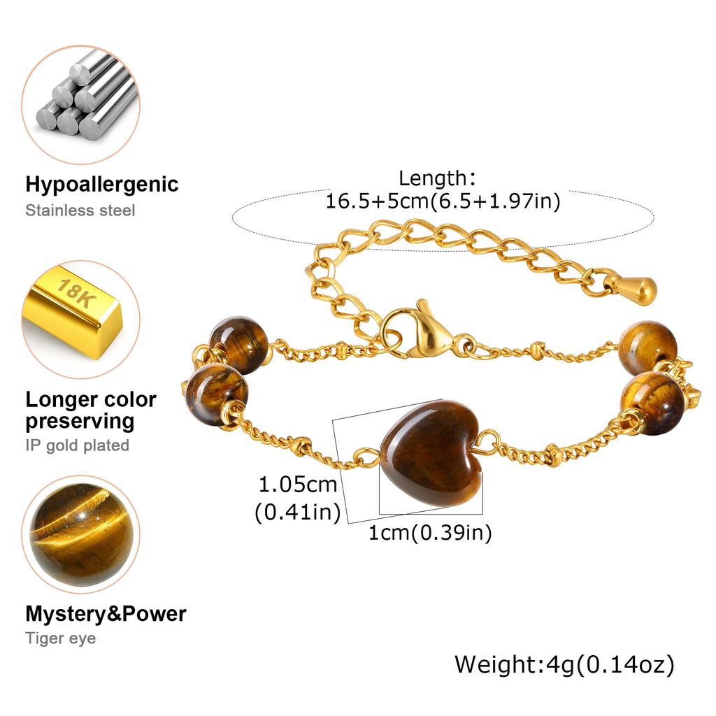 Heart-shaped Tiger Eye Natural Stone Charm Bracelet for Women, Stainless Steel Link Chain Waterproof Gold Plated Jewelry Gift