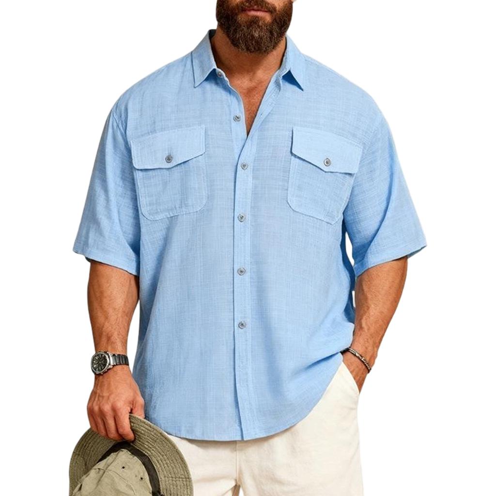 Men's Short Sleeve Linen Work Shirt - Lightweight Breathable, Two Pockets, Collar, Relaxed Fit