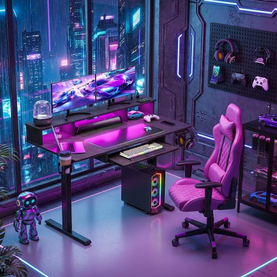 Stehschreibtisch Elektrischer Schreibtisch 48" x 24" Höhenverstellbar Gaming mit Steckdosen & LED-Leuchten Ergonomischer Sit-Stand-Auf-Ab Computer Tisch