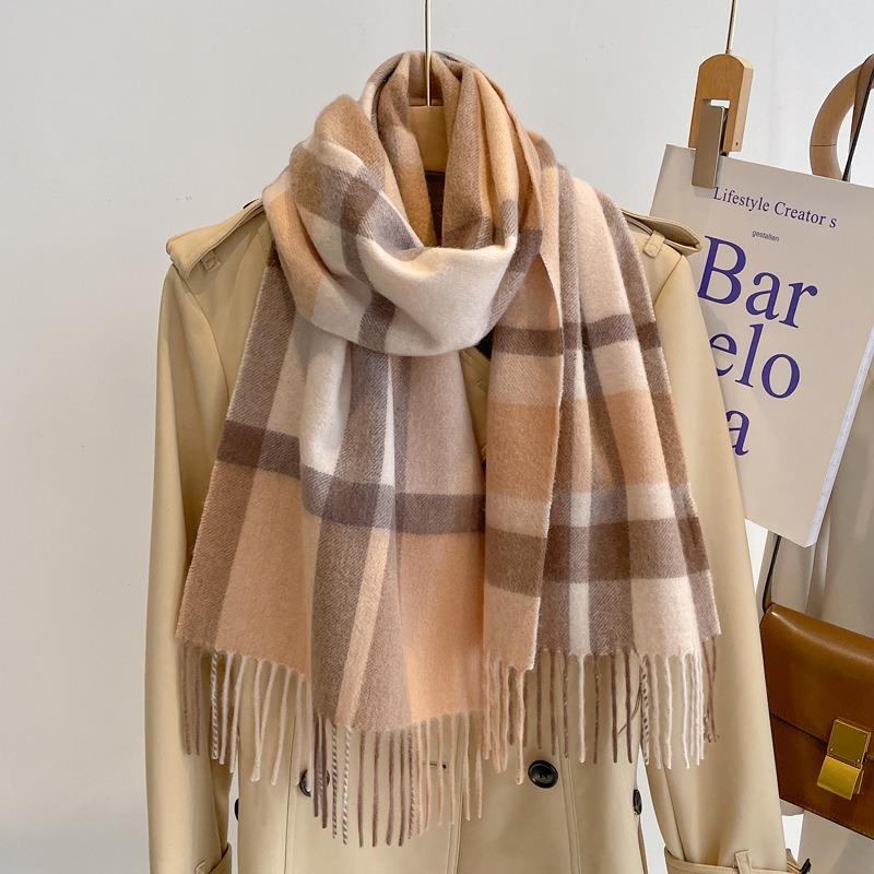 Camel brown 100 pure wool plaid scarf khaki women's winter thickened warm fringed shawl scarf