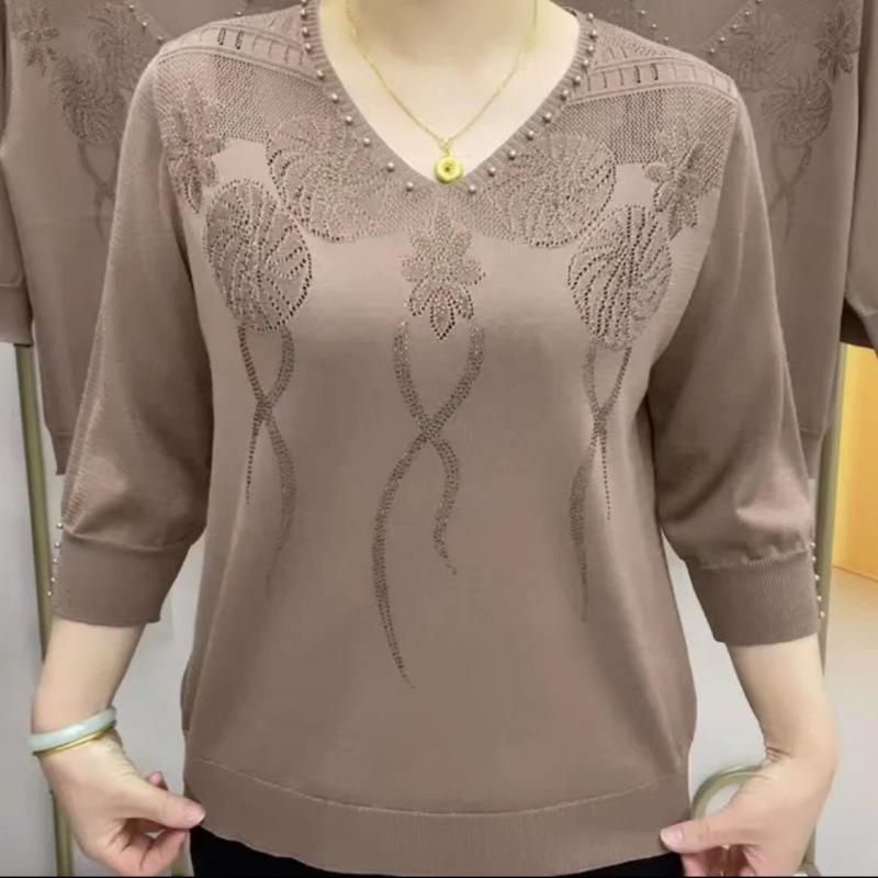 Fashion Knit Top 3/4 Sleeve Mom Wear Lace Up Crystal Pullover Blouse Women