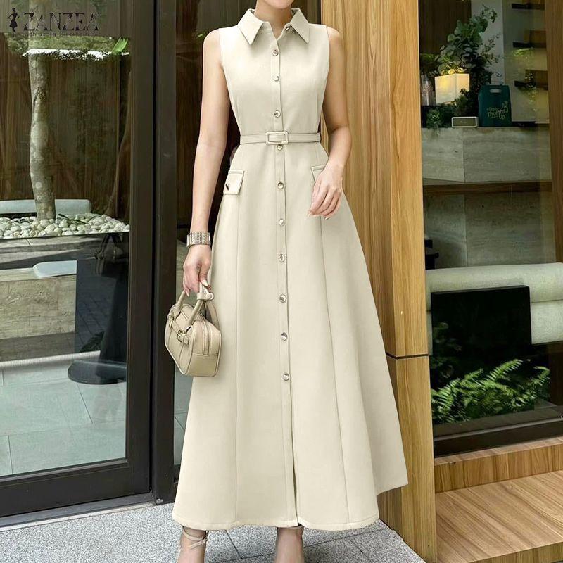 ZANZEA Women Casual Turn Down Collar Summer Sleeveless Long Dress