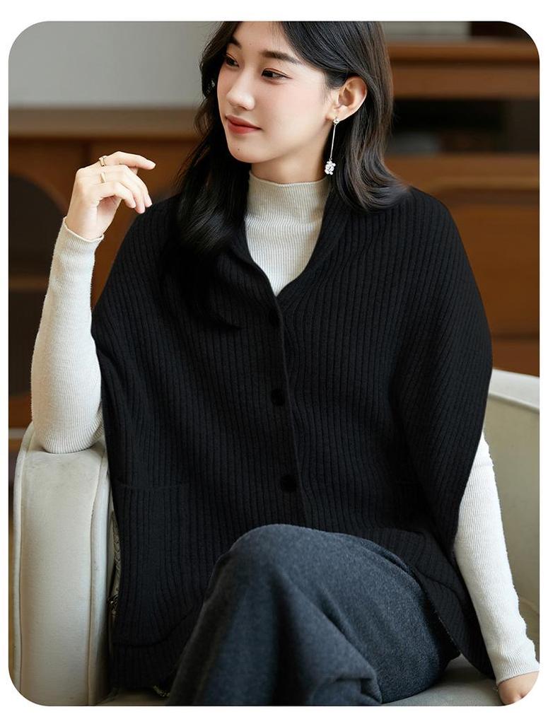 Women's 100% Wool Knit Cardigan Vest - Autumn/Winter 2025 Shawl