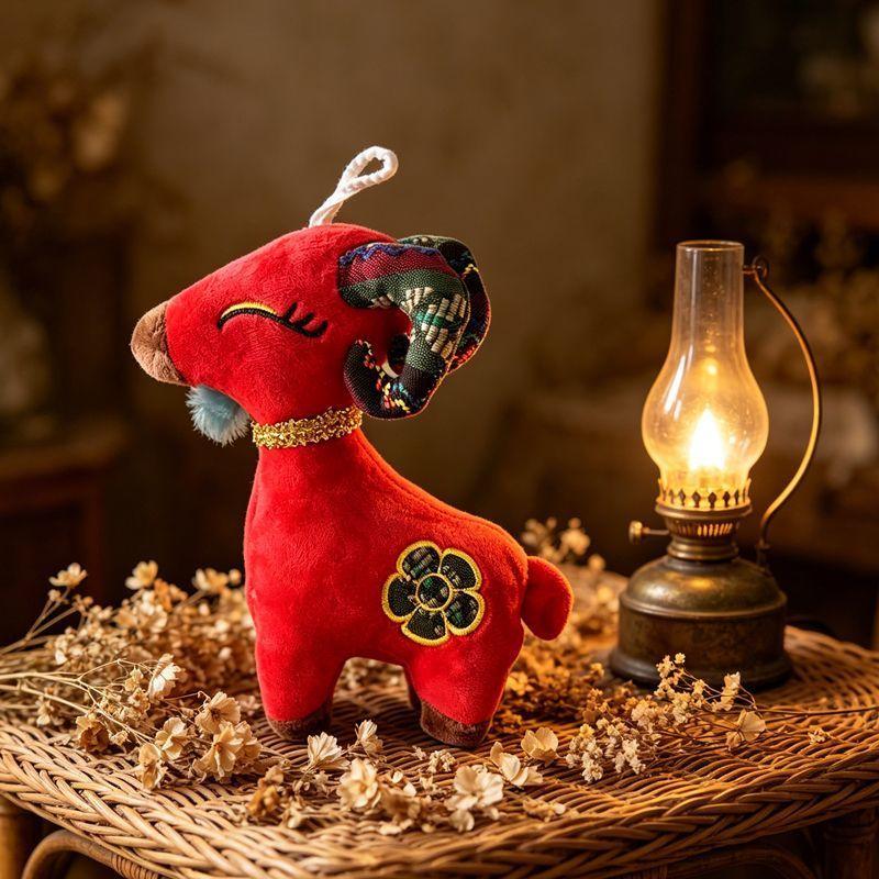 Cute Chinese Style Goat Plush Toy Red Lucky Sheep Mascot Stuffed Animal With Ethnic Embroidery For Home Decoration New Year Gift