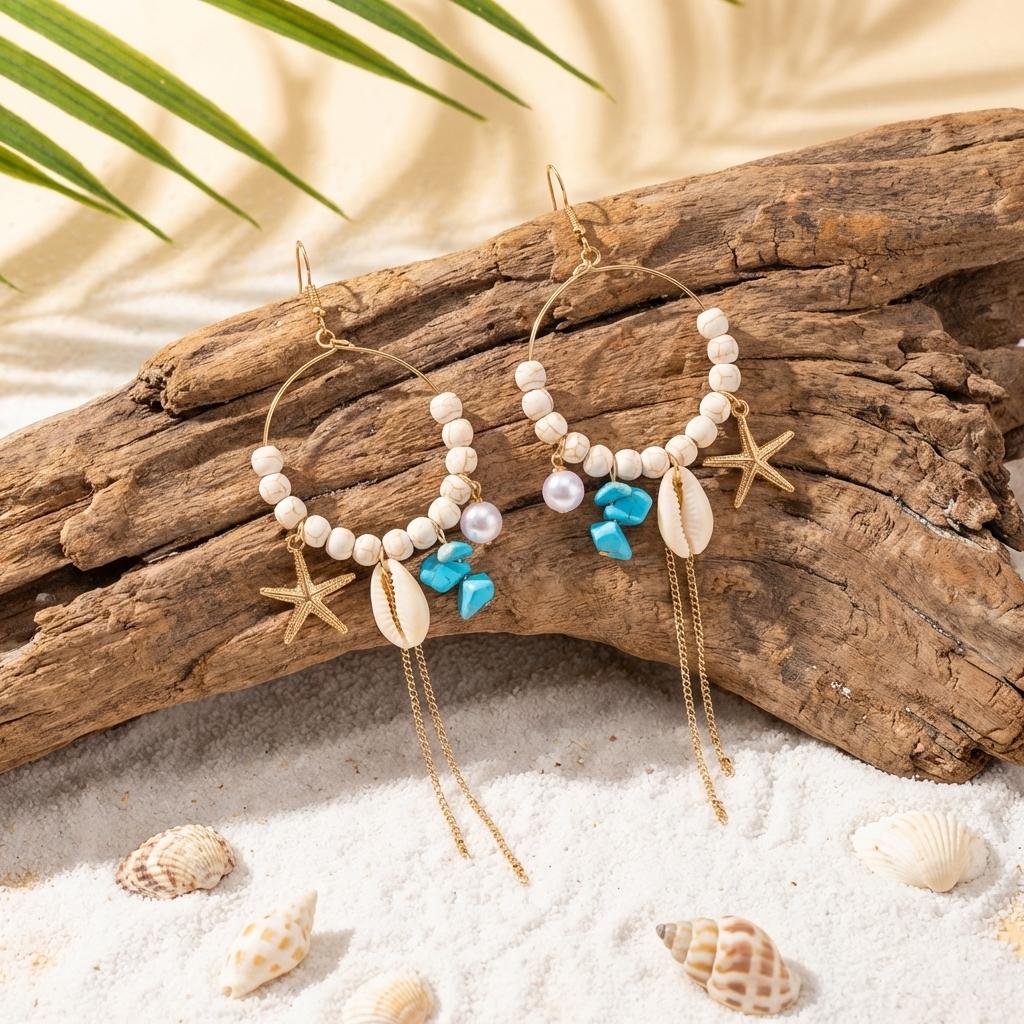 Mermaidcore Ocean Charm Hoop Earrings for Women Starfish Shell Imitation Pearl Turquoise Stone Dangle Summer Beach Jewelry