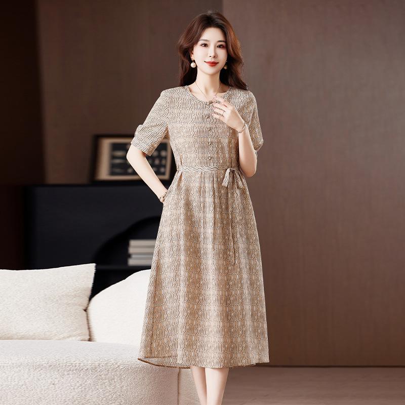 

Summer silk dress women s print lace-up fashion round neck high waist mulberry silk knee length dress M (47.5 kg-52.5 kg) бежевий