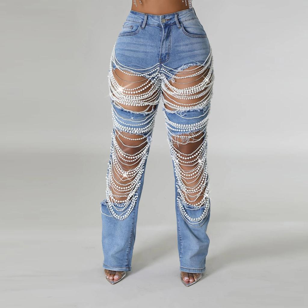 Broken Hole Heavy Industry Nail Bead Elastic Jeans Pants For Women