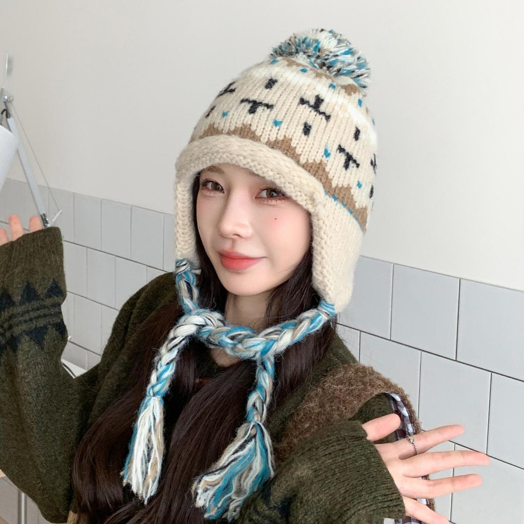 Ethnic Style Contrasting Color Pullover Wool Hat Women'S Winter Warm Ear Protection Knitted Hat Cold Bag Head Lei Feng Hat