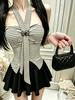 #Summer new pure desire wind striped splicing tube top female slim and thin fixed top with chest pad