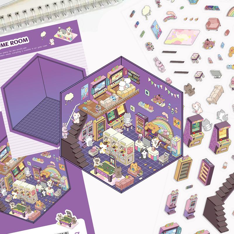 Kreslené krajinné samolepky Vícenásobný miniaturní svět 3D chata Rozbalit DIY scéna Ruční příspěvek