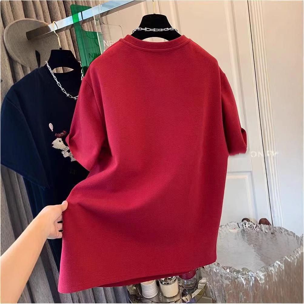 European Plus Size Embroidered Dog Thick Short Sleeve Women's T-shirt for Spring/Autumn