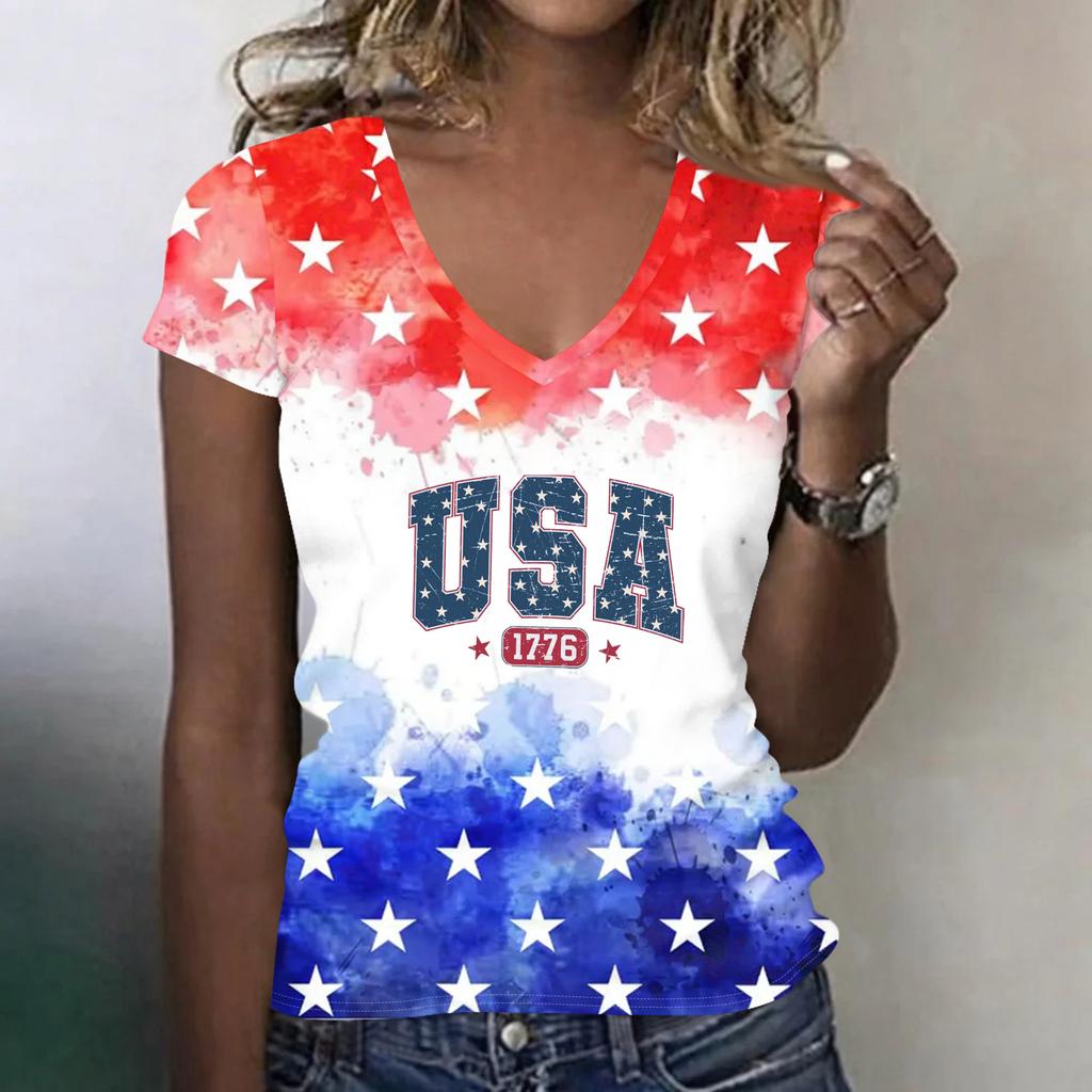 Women V Neck Short Sleeve Lightweight Top USA Patriotic Print Independence Day Casual Tee Shirt