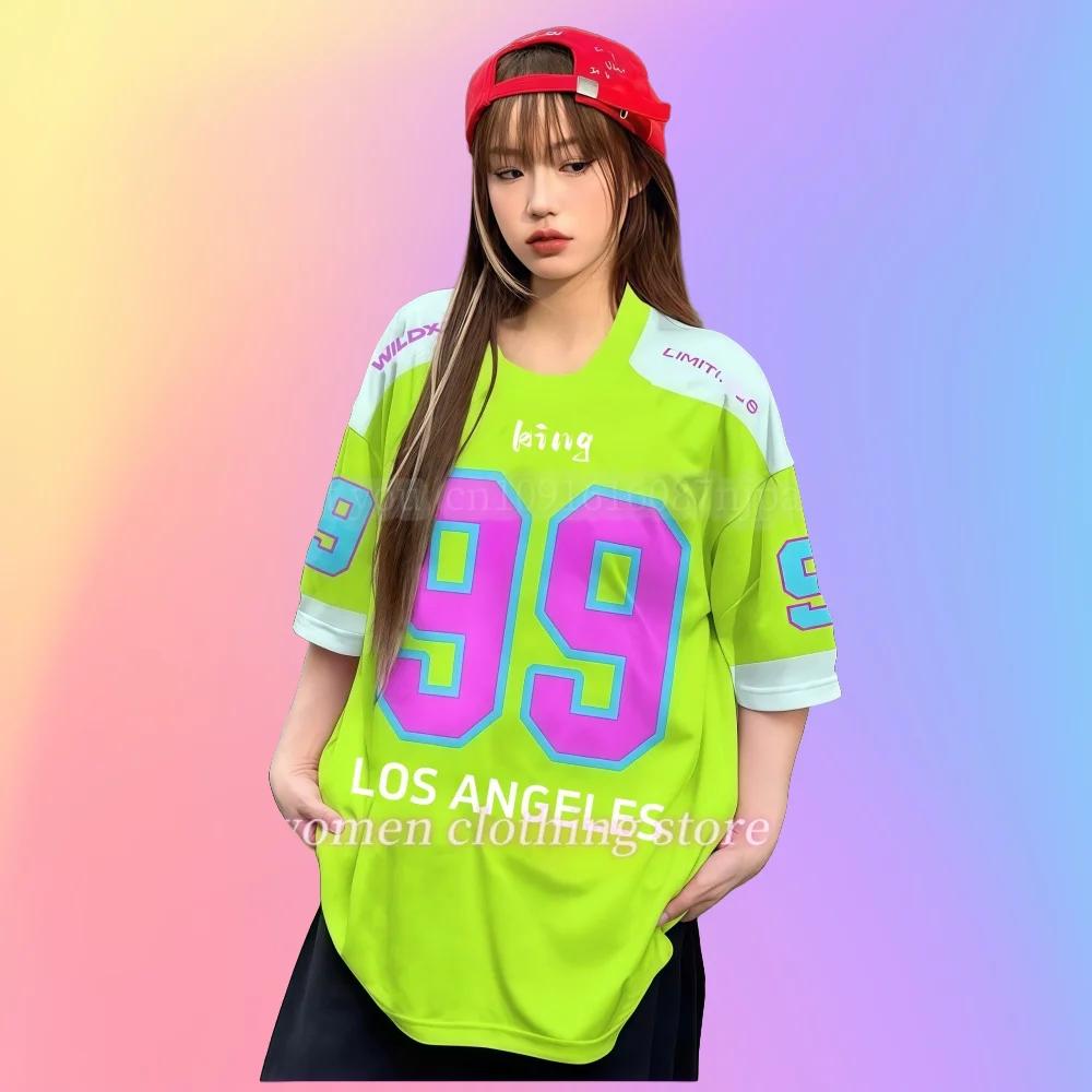 Women's No.99 Printed Round Neck T-shirt Summer Pattern T-shirt Baseball Jacket Sports T-shirt Women's