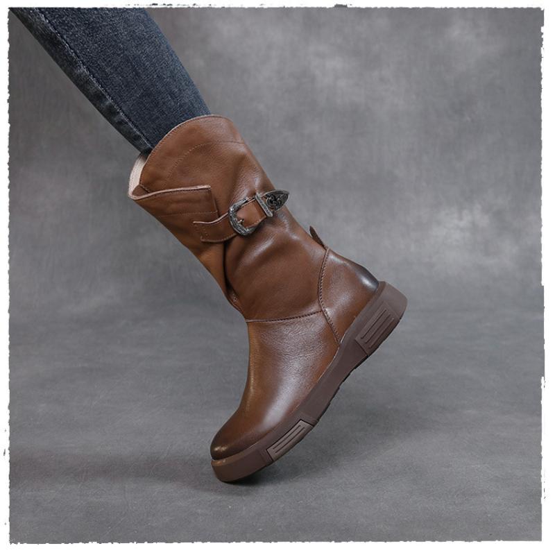 Johnature Genuine Leather Flat Mid-calf Boots For Women's Vintage Solid Color Side Zippered Boots