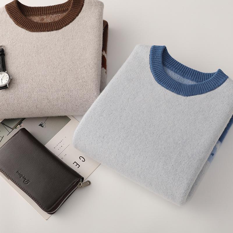 Men's High-End Pure Wool Patchwork Sweater - Winter Round Neck Cashmere Knit, New Style Base Layer