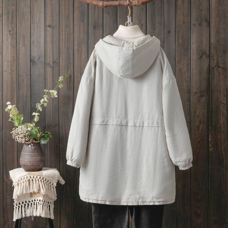 2025 Fall/Winter Plus Size Cotton Linen Hooded Mid-Length Coat - Thick Warm Artistic Outerwear