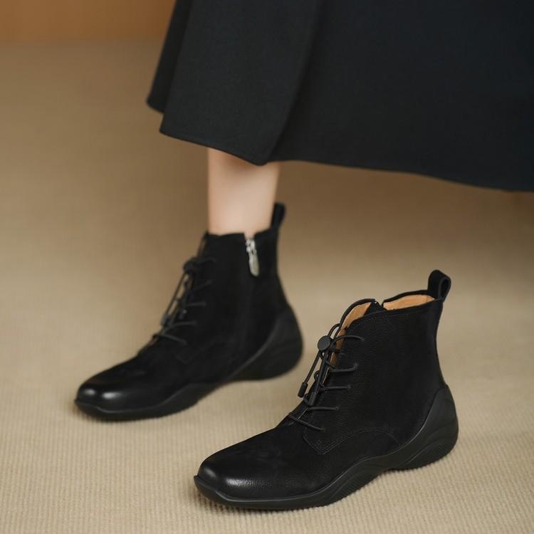 Retro Leather Square Head Inner Height Increase Martin Boots Women's 2025 Autumn and Winter New Fashion Color Polishing Comfortable Ankle Short Boots