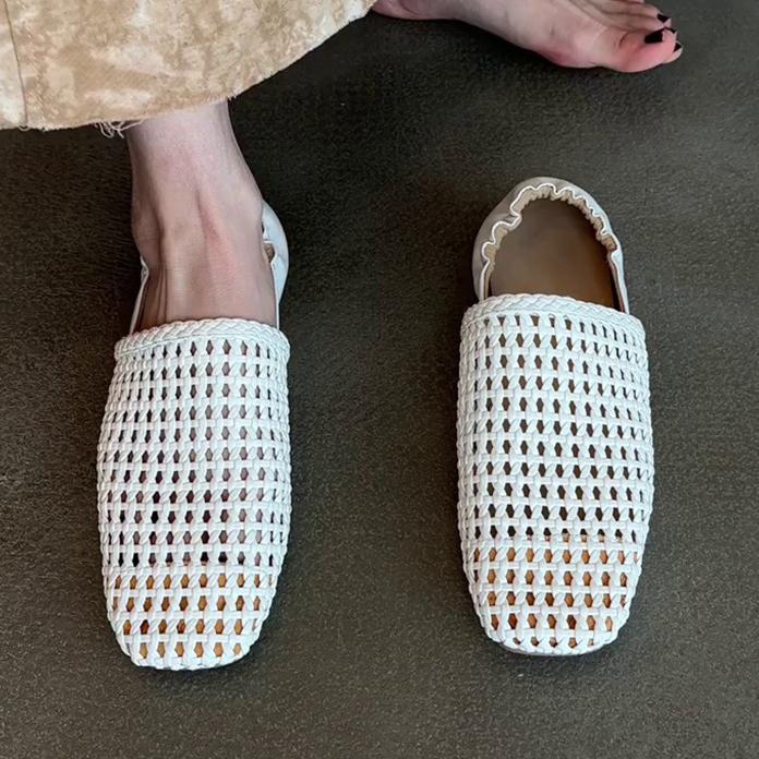 Ladies Slippers Flat Bottom Outside Woven Hollow Bag Head Half Slippers Women's Summer Flat Bottom Square Head Fashion Sandals