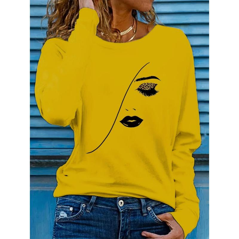 Vår och Höst Rundhalsad 3D Porträtttryckt Topp Trendiga Casual Långärmade Dam T-shirts