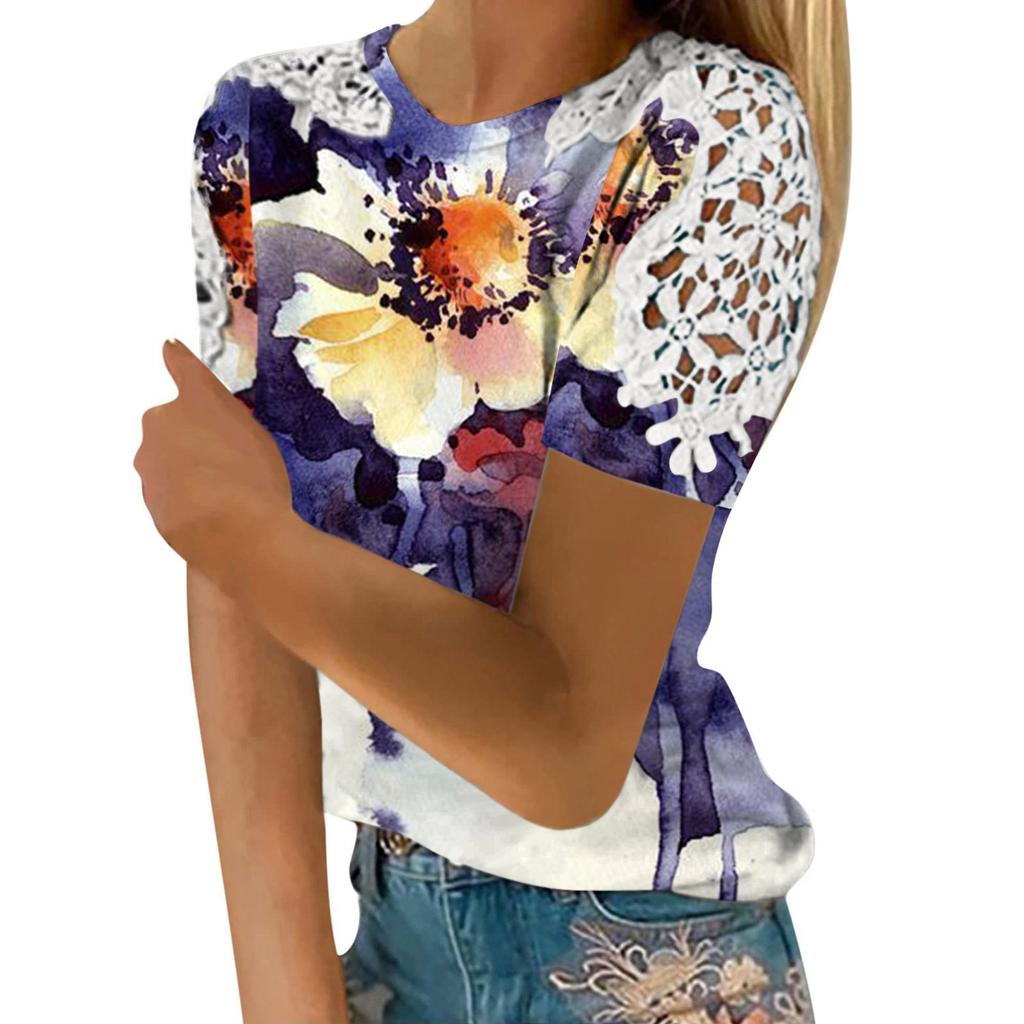 Women's Fashion Lace Hollow Print Round Neck Short Sleeve T-shirt Top