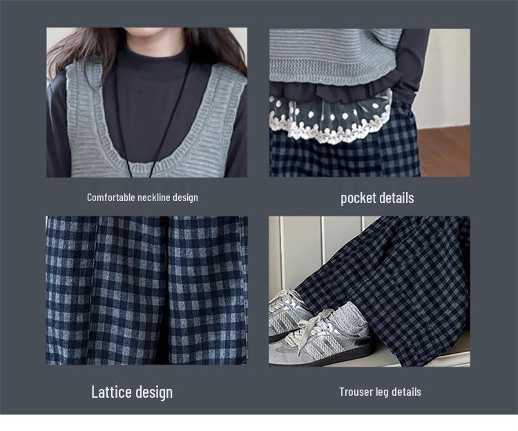 Girls' Knitted Vest and Plaid Shirt Set - Spring/Autumn 2025 Fashionable Style