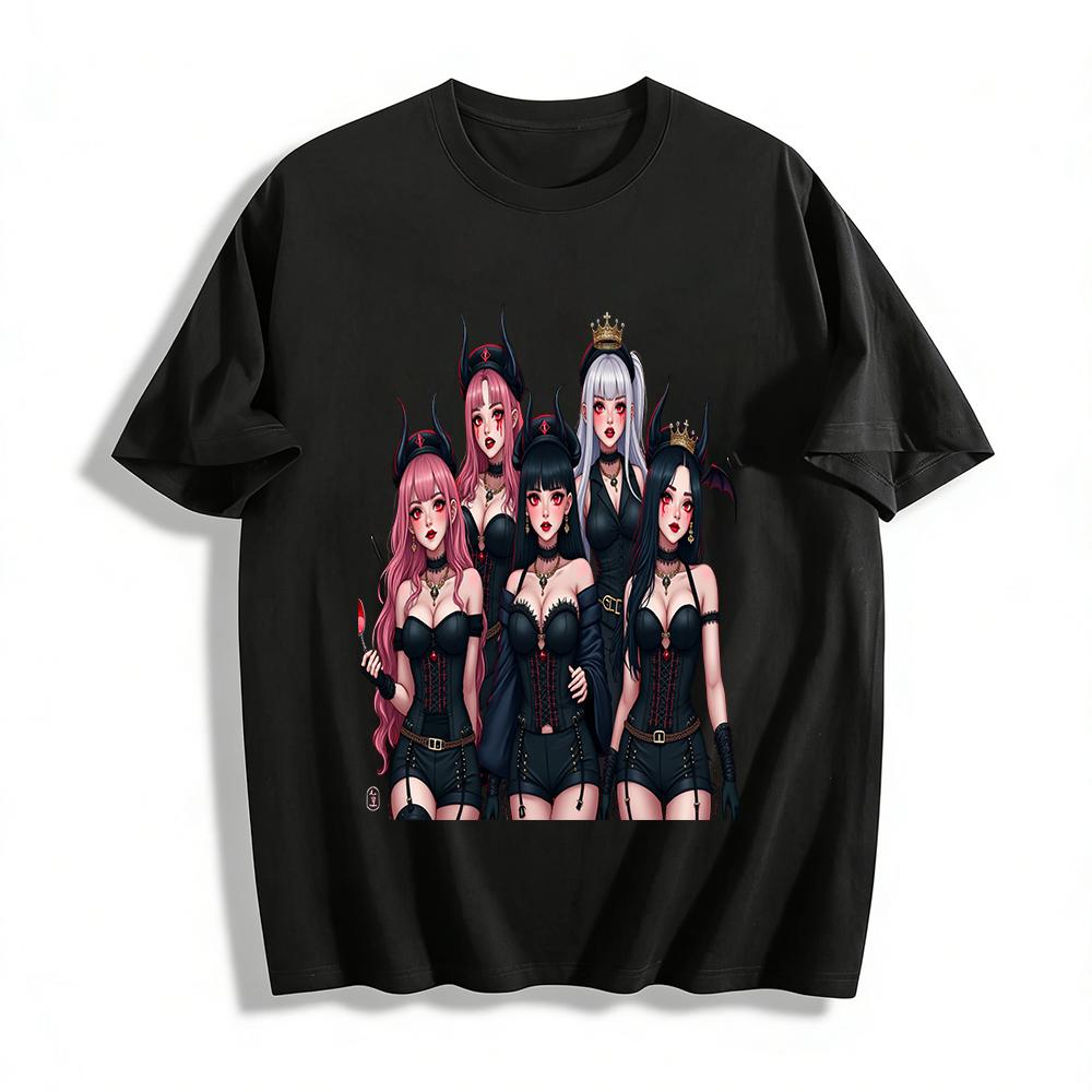 

Gothic Succubus Girl Group Print T-shirt Edgy Dark Style Streetwear Cool Niche Design Top For Women Pure cotton T-shirt XXS