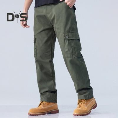 Men Cargo Pants with Multi Pockets Straight Leg Cotton Trousers Mid Waist Button Zipper Closure Loose Outdoor Travel School Trousers