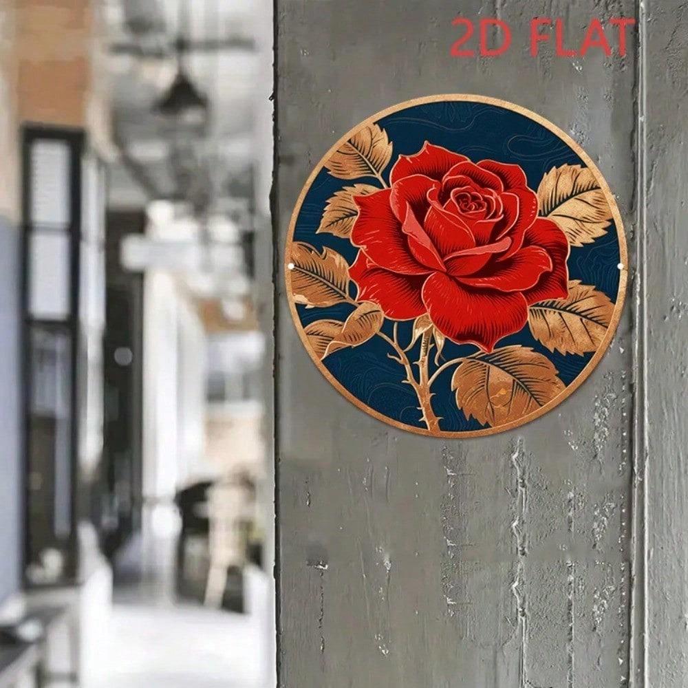 Vintage Metal Wall Art Red Rose 8x8 Inch Round Aluminum Sign Retro Golden Leaf Dark Blue Home Decor Flat Single Piece