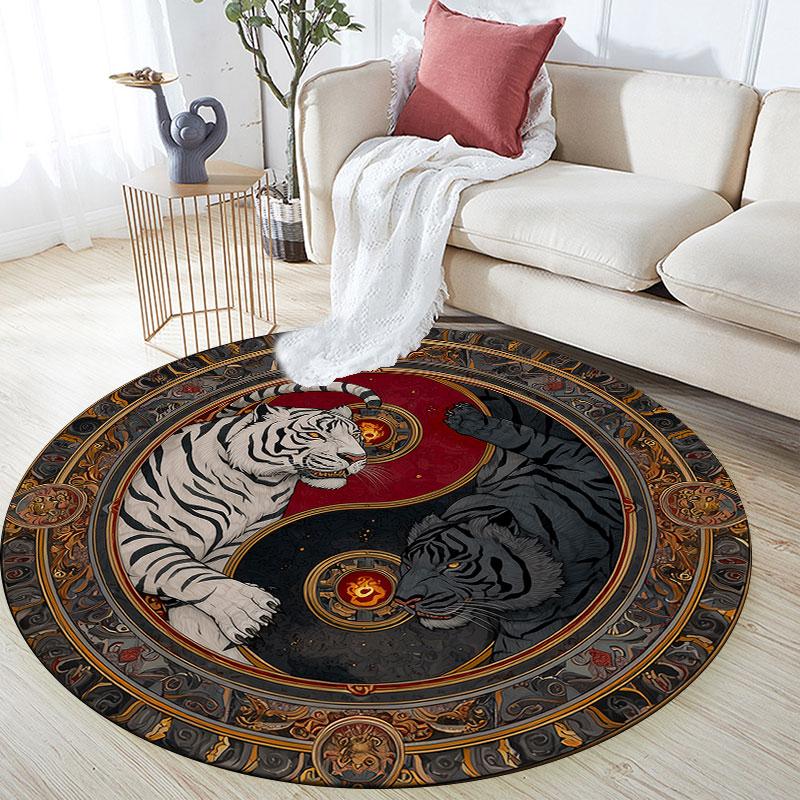 Double Tigers pattern round rug,Carpet Rug for Living Room Bedroom Playroom ,Non-slip Floor Mat,Holiday Gifts and Birthday Gifts.