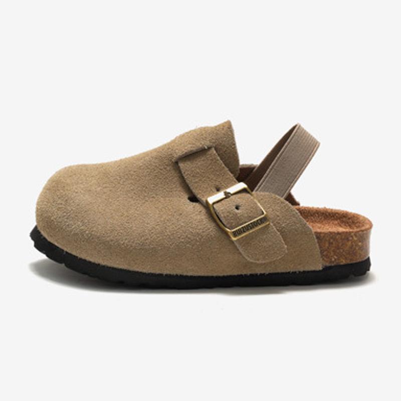Mode Kidmi Kinder Kork Pantoletten Mädchen Zehengeschlossene Nubukschuhe mit Metallschnalle Jungen Echtleder Bequeme Strandschuhe