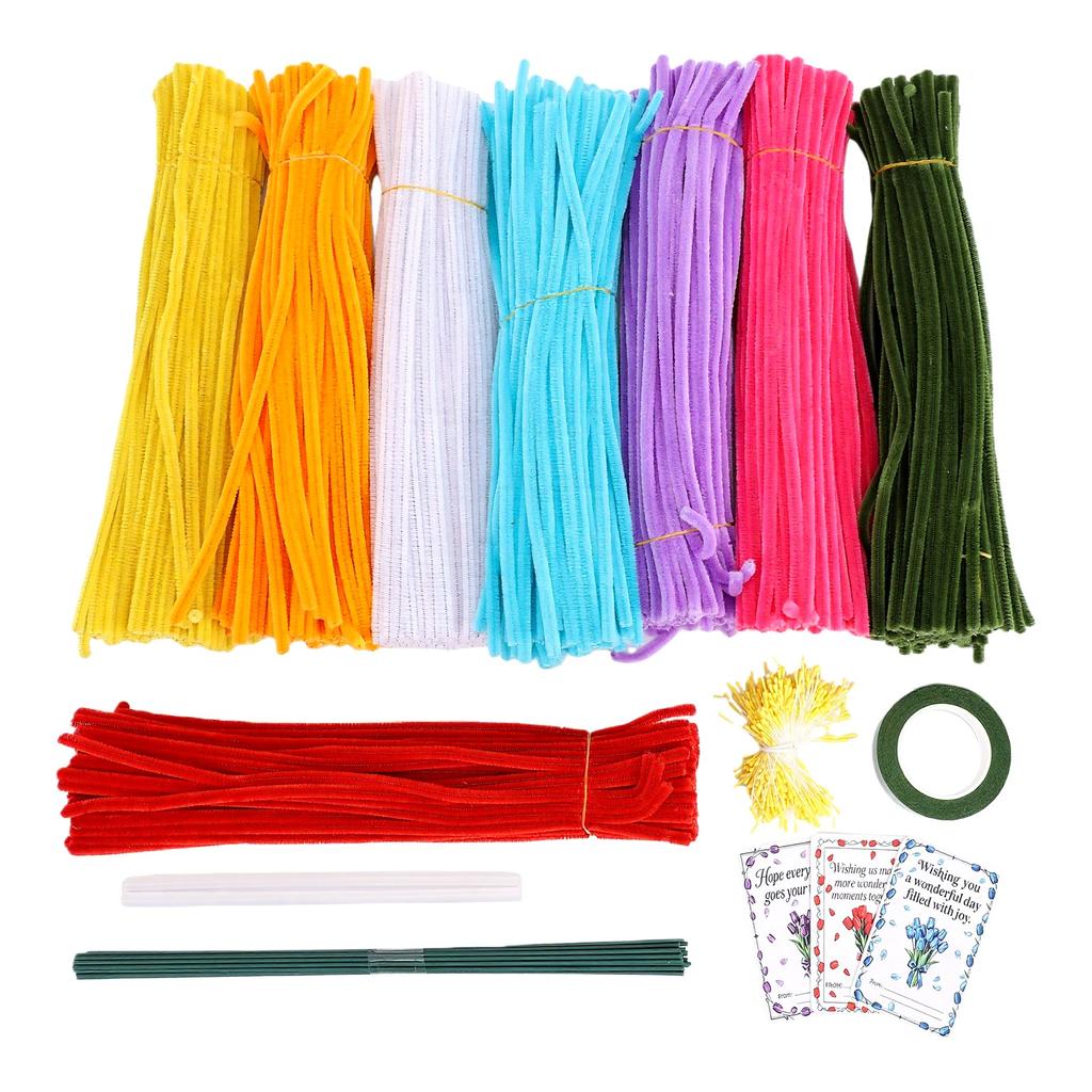800 Pcs 8 Colors Pipe Cleaner Bulk Craft Flower Making Kit Pipe Cleaners Bouquet Kit with 150 Pcs Stamens 3 Pcs
