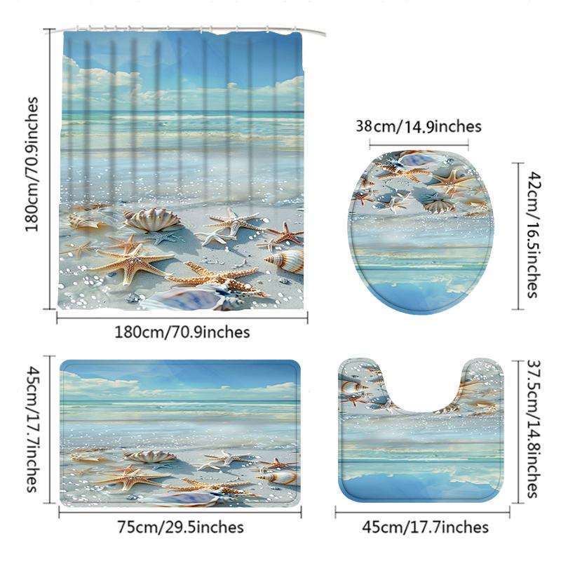 1/3/4Pc Fresh Ocean Style Beach Shell Shower Curtain Waterproof and Mildew-Proof Bathroom Partition Curtain
