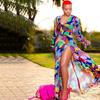 S9308 Summer New European And American Women'S Clothing Printed Sexy Dress, Holiday Style Split Deep V Long Dress