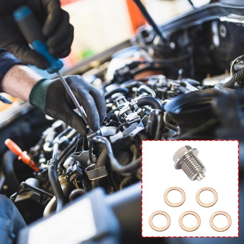 Universeller Ölablassschraube M14x1 5mm Magnetisches Design Wird mit 5 Stück Kupferdichtungen geliefert Für verlängerte Motorlebensdauer
