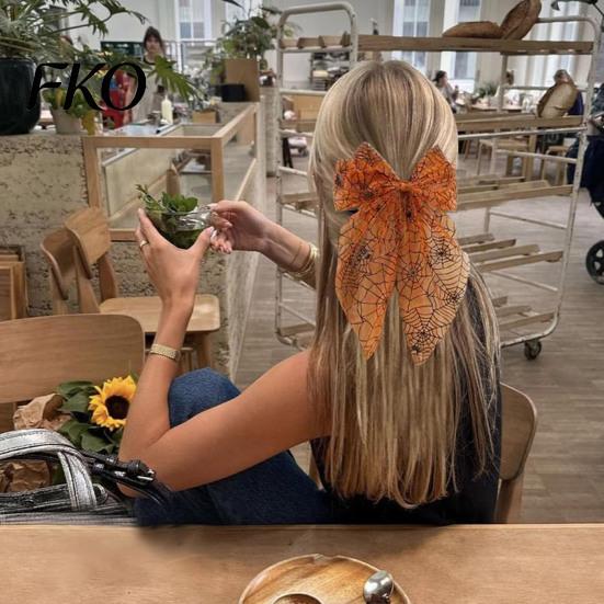 Lightweight Hair Clip Halloween Spider Web Bow Clip, Pumpkin Eyeball Tulle with Long Tails, Women Accessories for Holiday Party Accessory