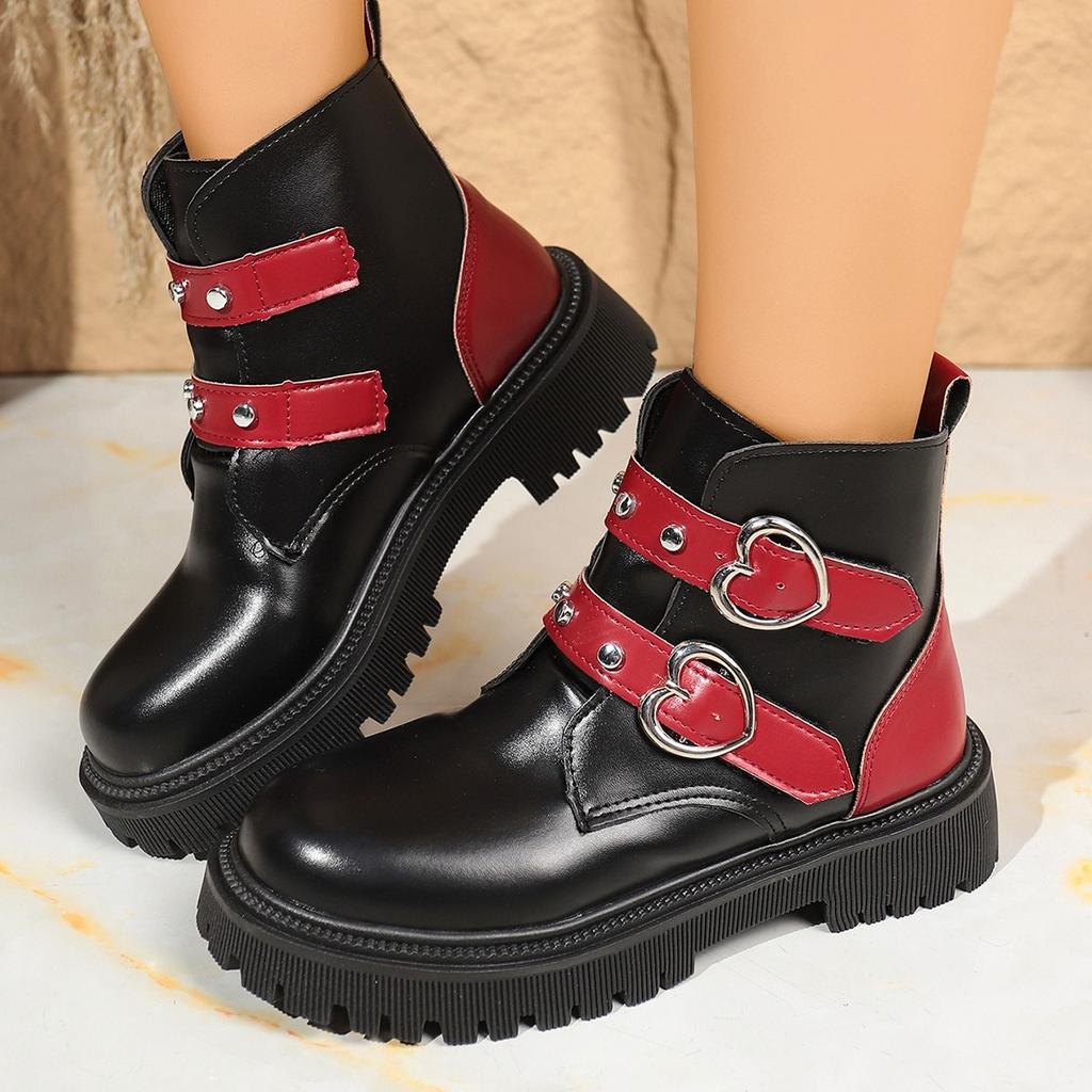 Women'S Mid Heels Boot Round Toe Platform Shoes  New Autumn Winter Fashion Belt Buckle Boots Short Boots For Women Handmade