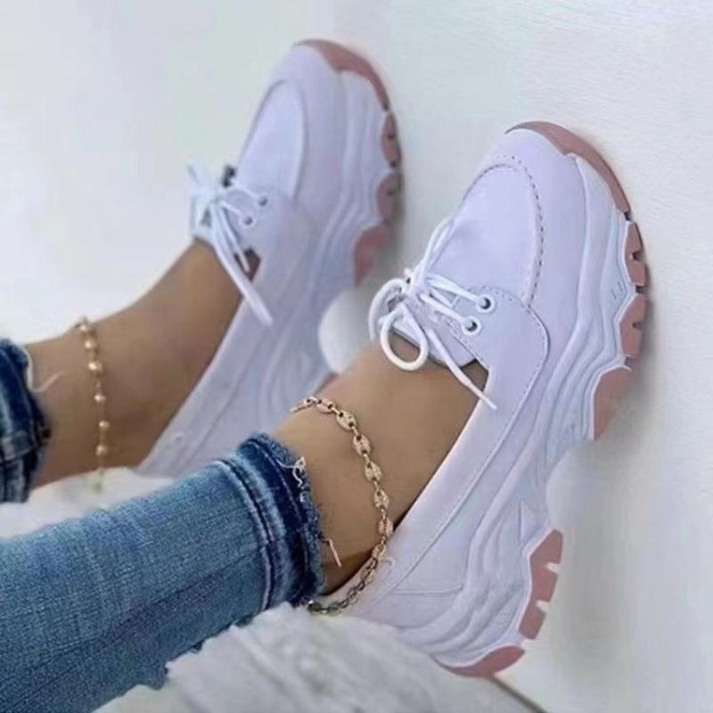 Large Size Single Shoes Women's Spring and Autumn New Round Head Thick Sole Low Top Lace-up Flat Bottom Casual Sports Shoes