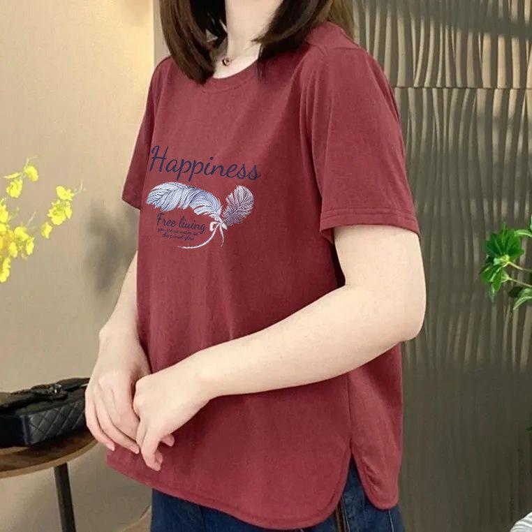 Elegant Summer Print T-Shirt for Moms - Plus Size, Loose Fit, Slimming, Age-Reducing Short Sleeve Top L