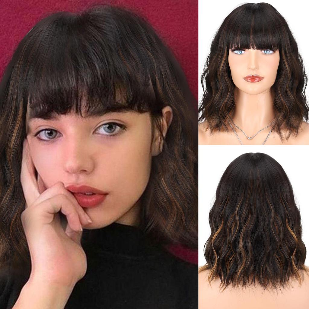 LISI HAIR Burgundy Short Wavy Synthetic Heat Resistant Fiber Wigs with Bangs Black Brown Pink Bob Hair Wigs for Cosplay