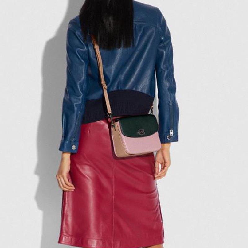Coach Cassie 19 Color Block C Buckle Flap Leather Messenger Bag Women Bags Green Cherry-Blossom-Pink 89088-V5PTO