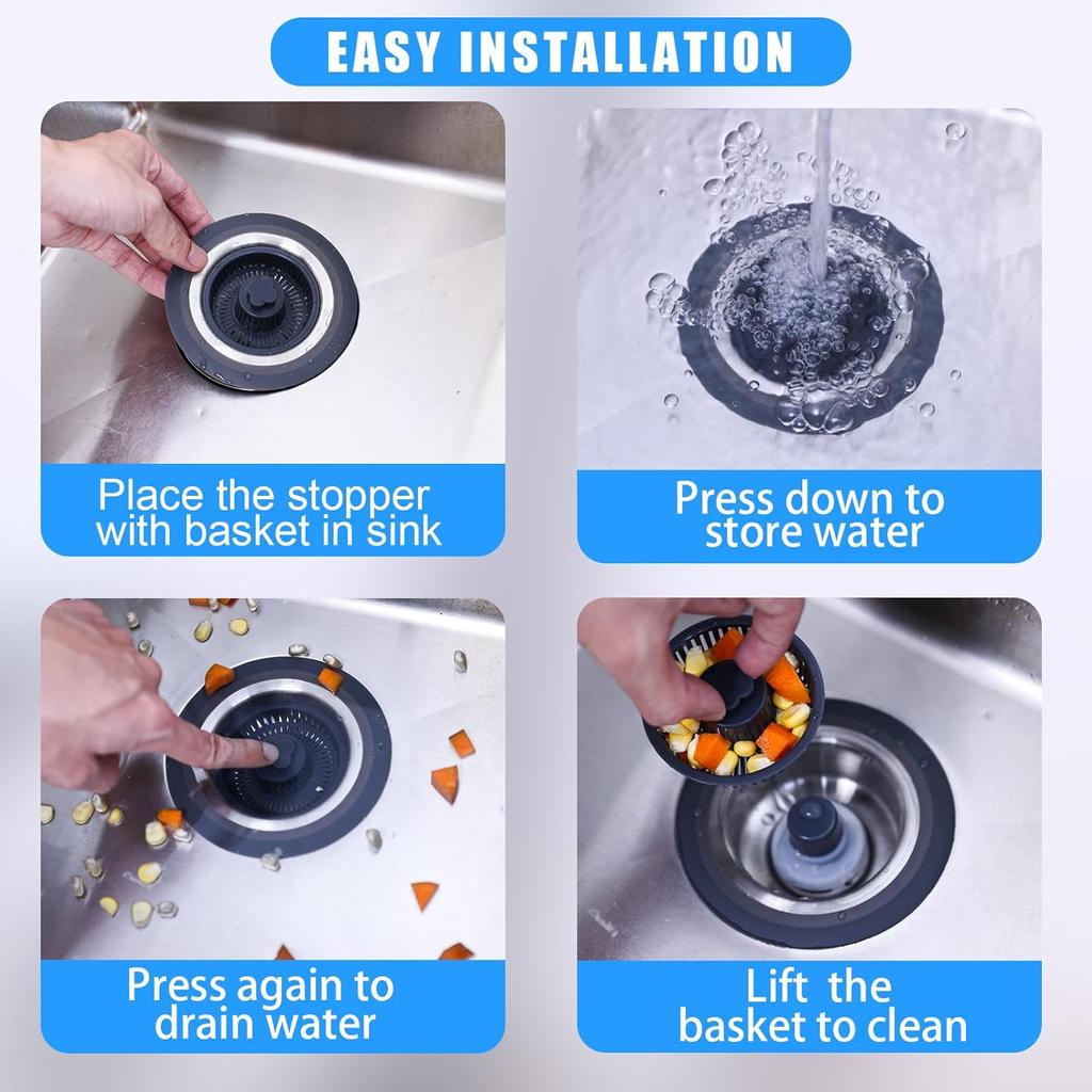 2 Pack - 3 in 1 Kitchen Sink Drain Strainer, 304 Stainless Steel Bounce Core Sink Stopper with Basket Filter Pop-up Sink Plug for Standard 3-1/2 Inch