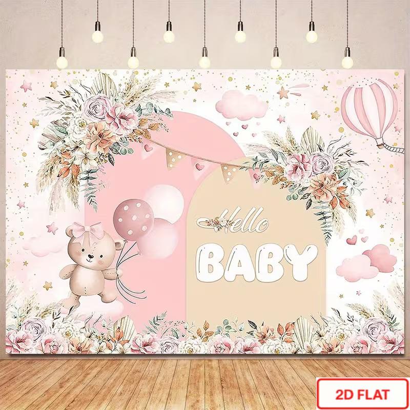 2D Hello Baby Photography Background, Soft Pink Cloud Star Floral Teddy Bear Baby Shower Decor Banner for Girls