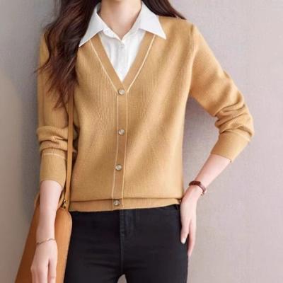 Fake Two-piece Knitted T-shirt Women's Long-sleeved Autumn New Shirt Collar Contrasting Color Splicing Thin Casual Top Spring