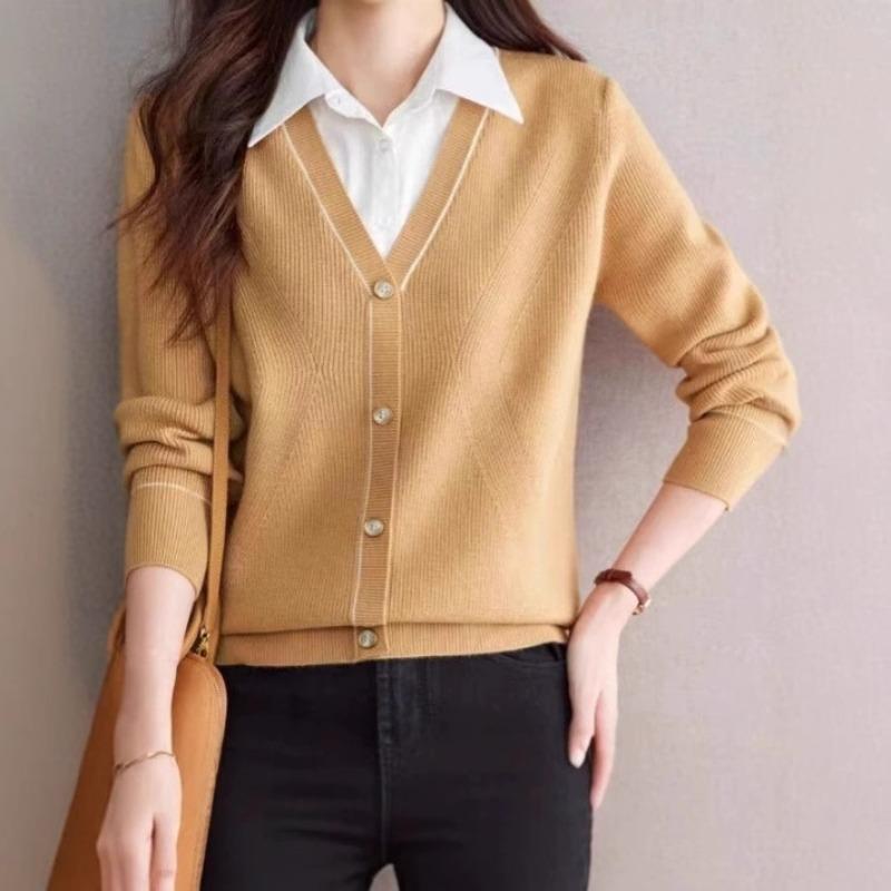 Fake two-piece knitted t-shirt women's long-sleeved autumn new shirt collar contrasting color splicing thin casual top spring