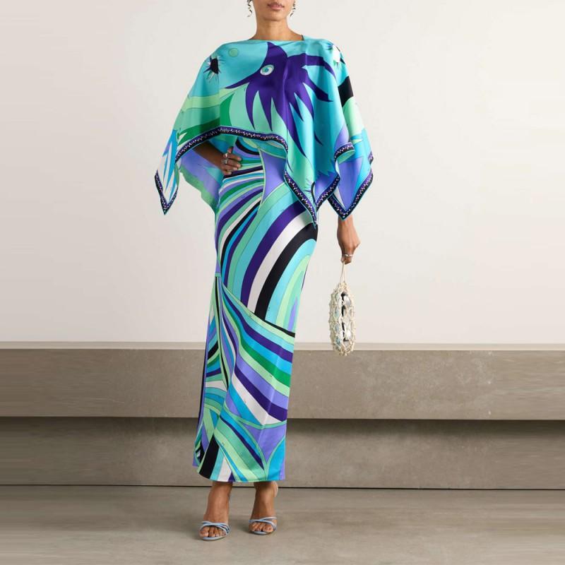 Fashion Suit Irregular Printed Shawl Dress Two-piece Set L