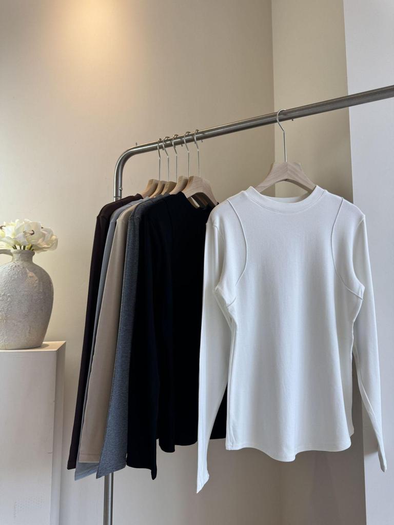2025 Autumn/Winter Women's Slimming Fishbone Shoulder Base Shirt - Warm Brushed Inner Top