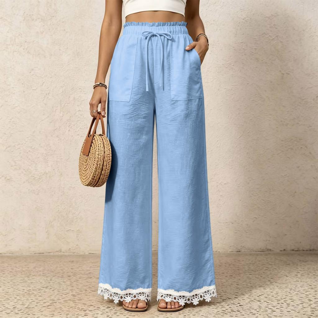 Women's Casual Wide Leg Pants with High Waist Drawstring and Lace Trim Patch Pockets for Everyday Wear