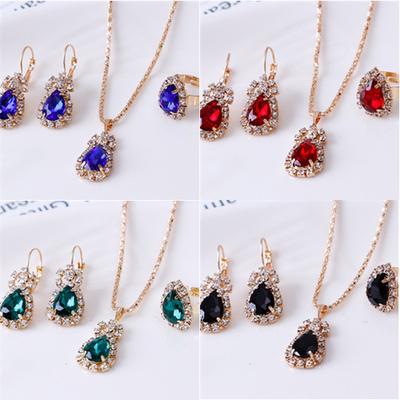 C190 Personality Water Drop Rhinestone Necklace Earrings Ring Set Bridal Jewelry Three-Piece Set
